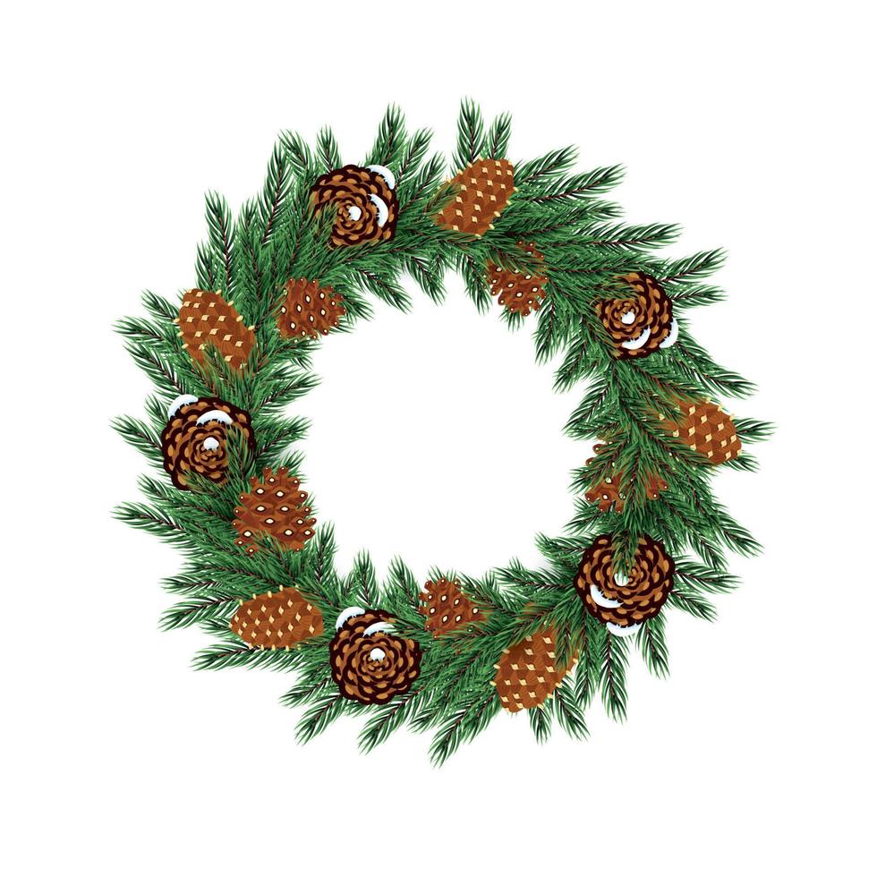 Christmas Wreath with Green Fir Branch and Cones Isolated on White Background. vector