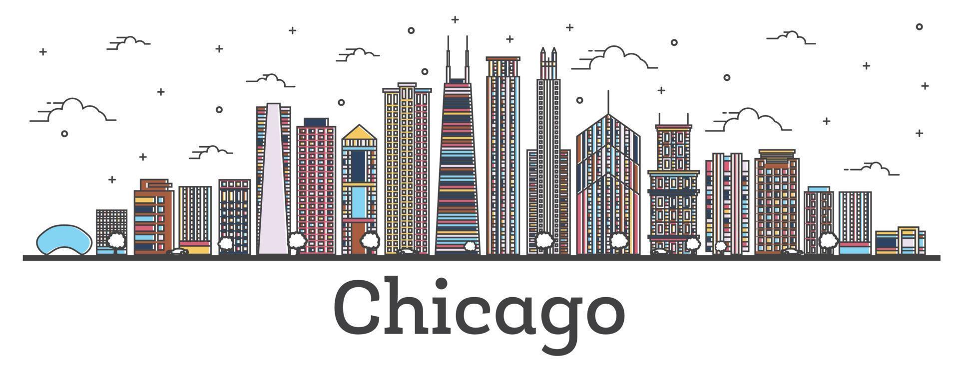 Outline Chicago Illinois City Skyline with Color Buildings Isolated on White. vector