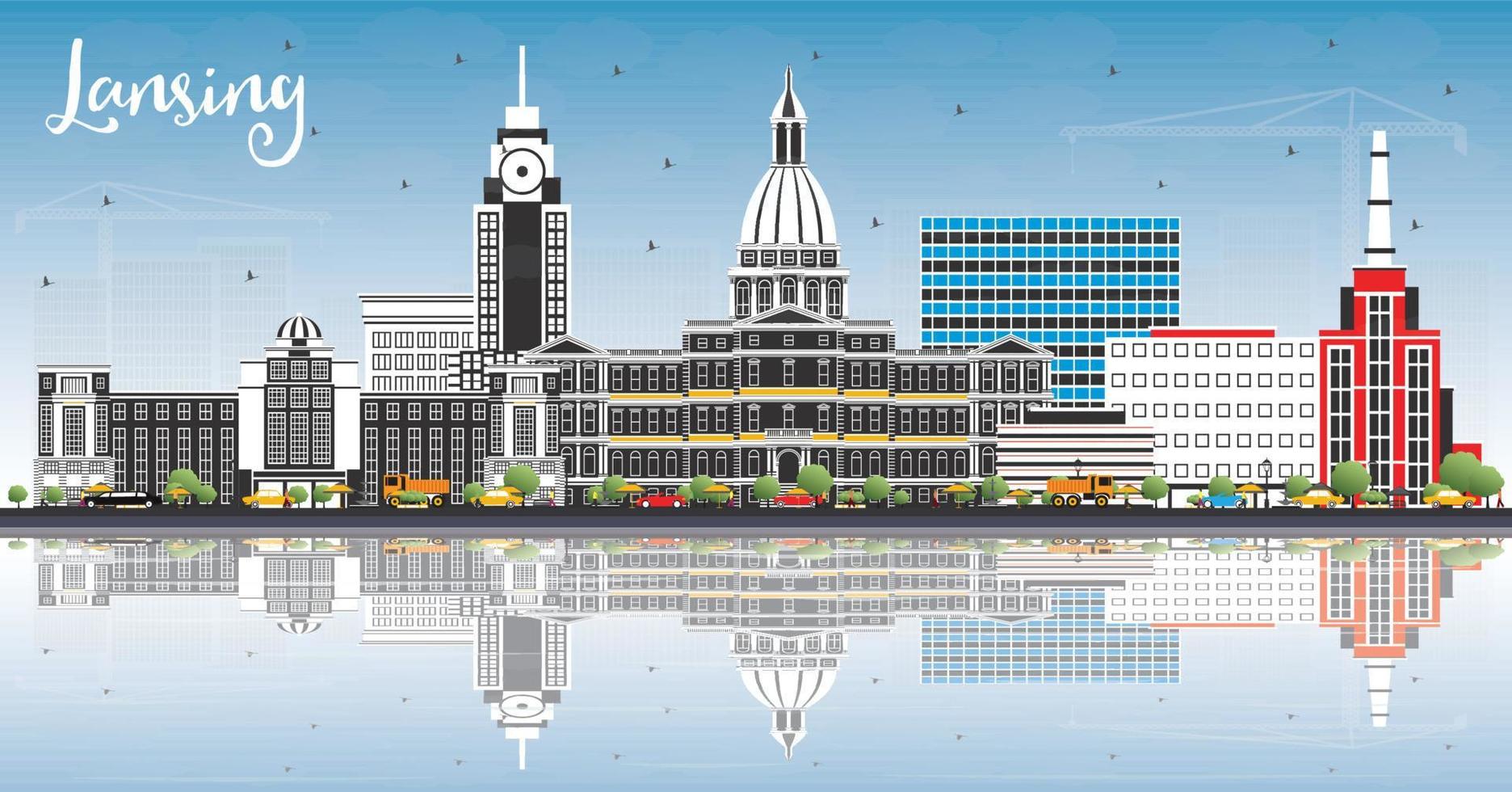 Lansing Michigan City Skyline with Color Buildings, Blue Sky and Reflections. vector