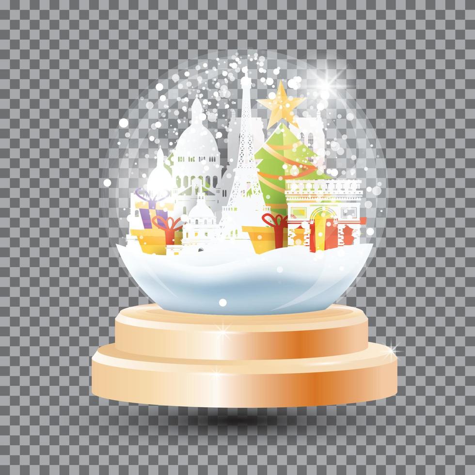 Magic Christmas Crystal Ball with Paris Landmarks, Gift Boxes and Fir Tree. vector