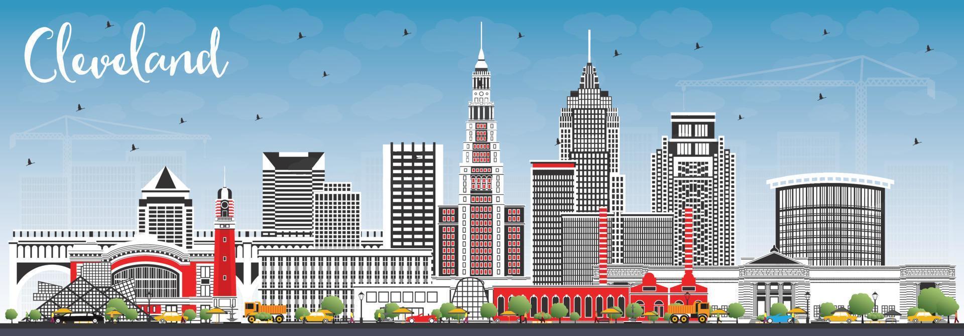 Cleveland Ohio City Skyline with Color Buildings and Blue Sky. vector