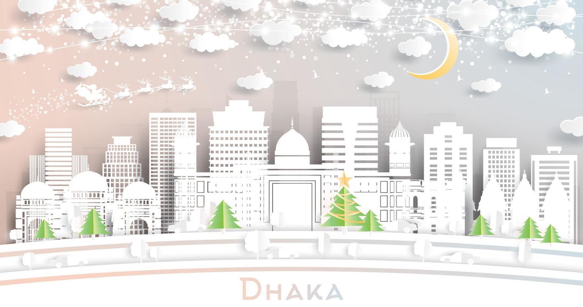 Dhaka Bangladesh City Skyline in Paper Cut Style with Snowflakes, Moon and Neon Garland. vector
