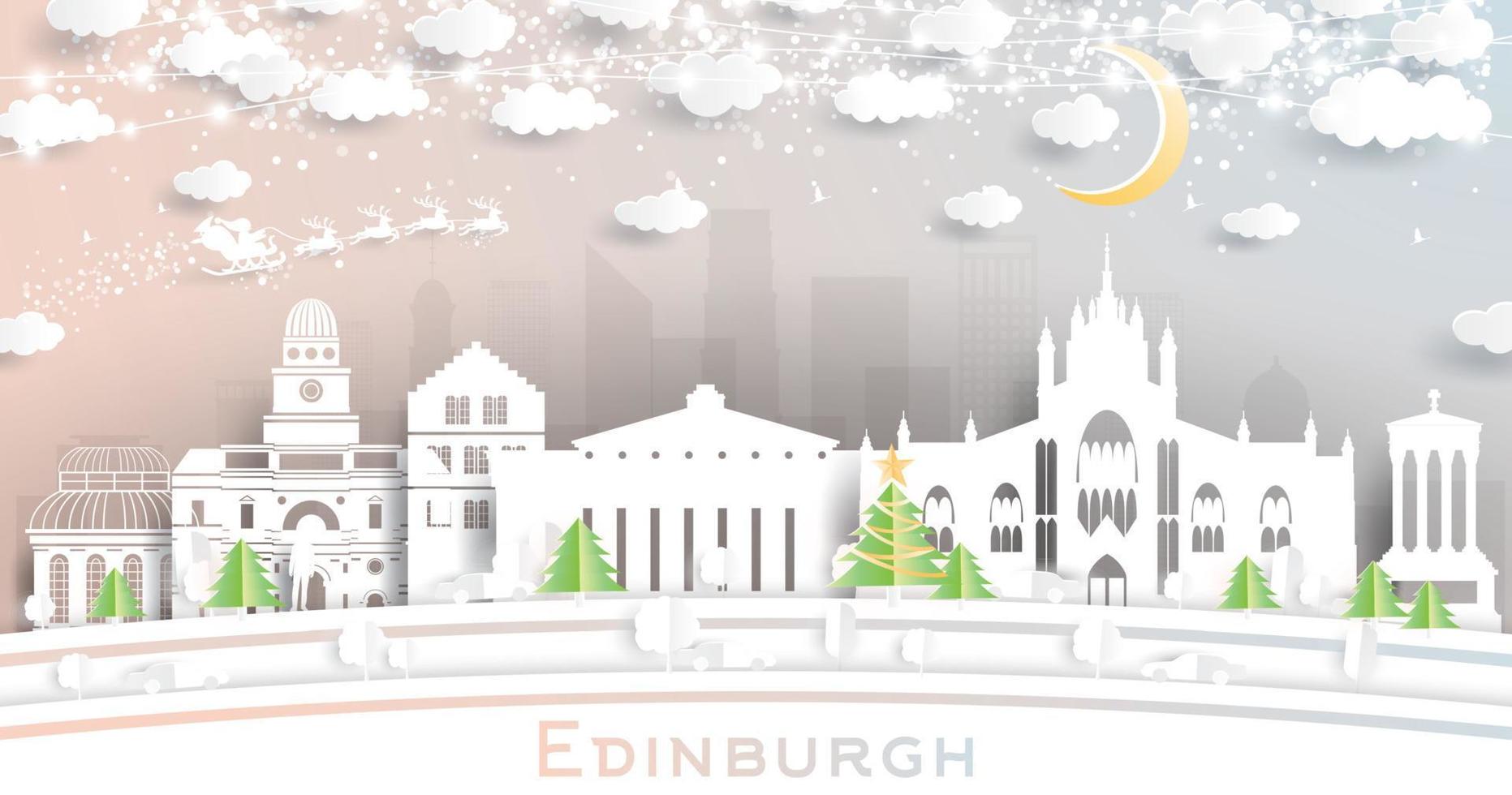 horizonte de la ciudad de edimburgo escocia en estilo de corte de papel con copos de nieve, luna y guirnalda de neón. vector