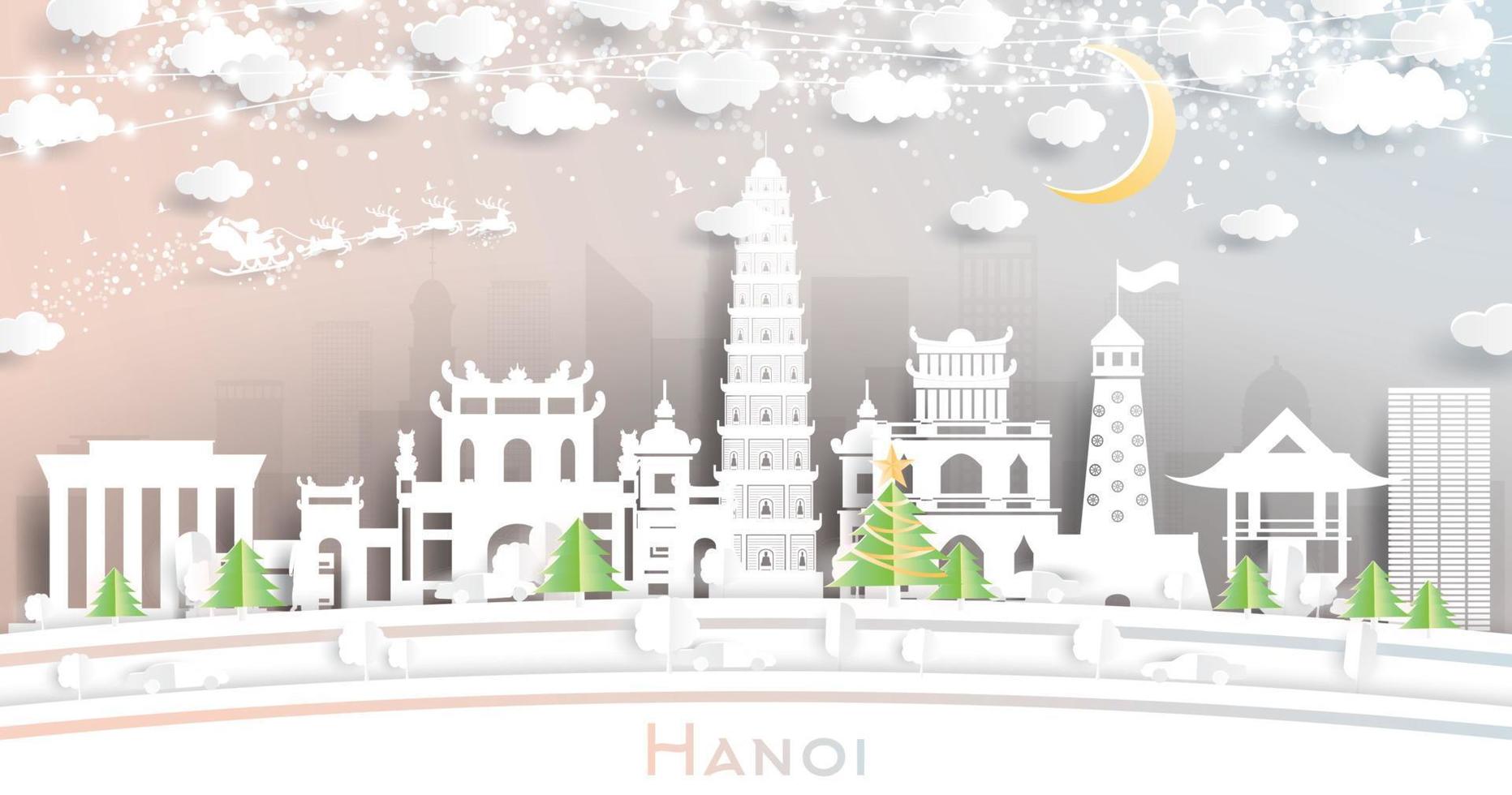 horizonte de la ciudad de hanoi vietnam en estilo de corte de papel con copos de nieve, luna y guirnalda de neón. vector