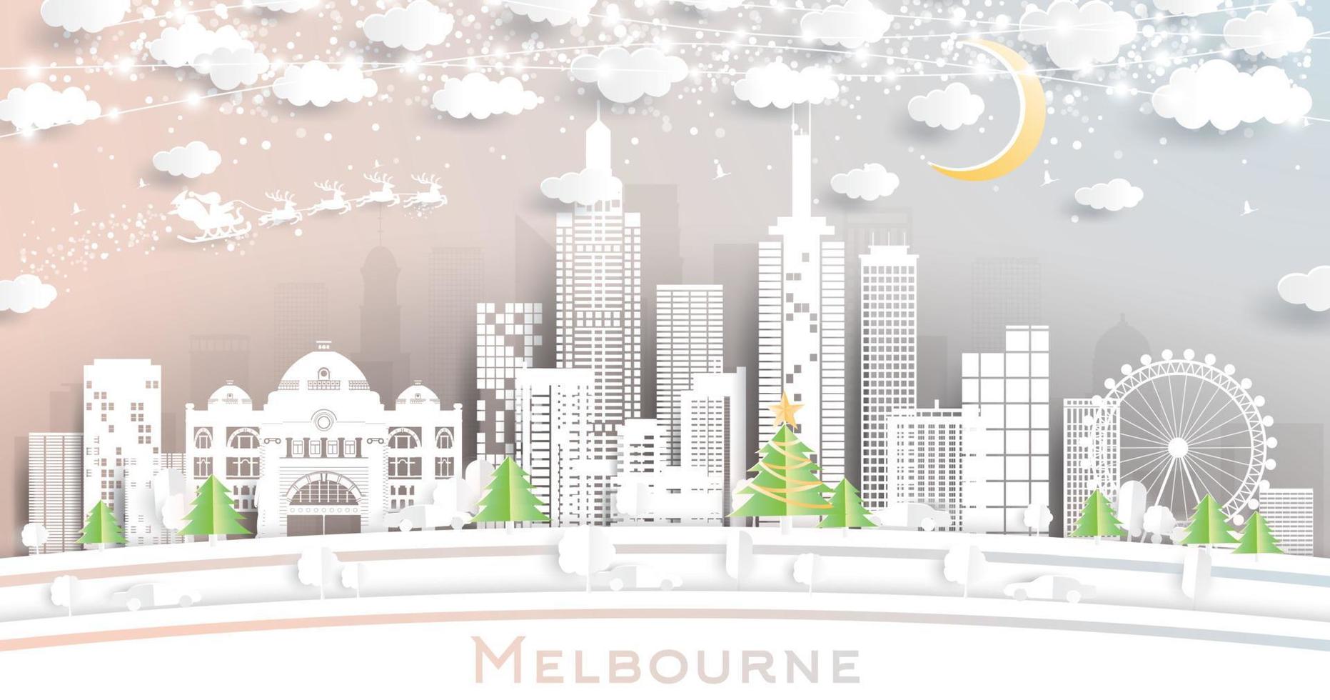 Melbourne Australia City Skyline in Paper Cut Style with Snowflakes, Moon and Neon Garland. vector