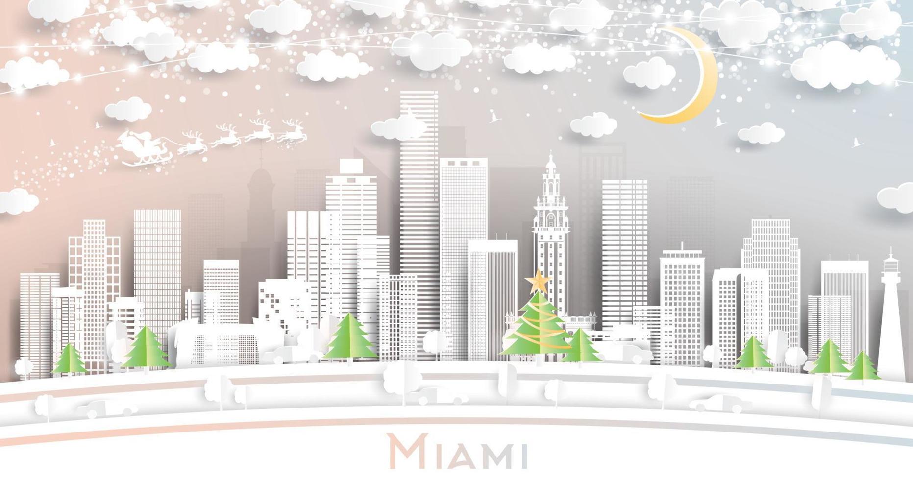 horizonte de la ciudad de miami florida en estilo de corte de papel con copos de nieve, luna y guirnalda de neón. vector