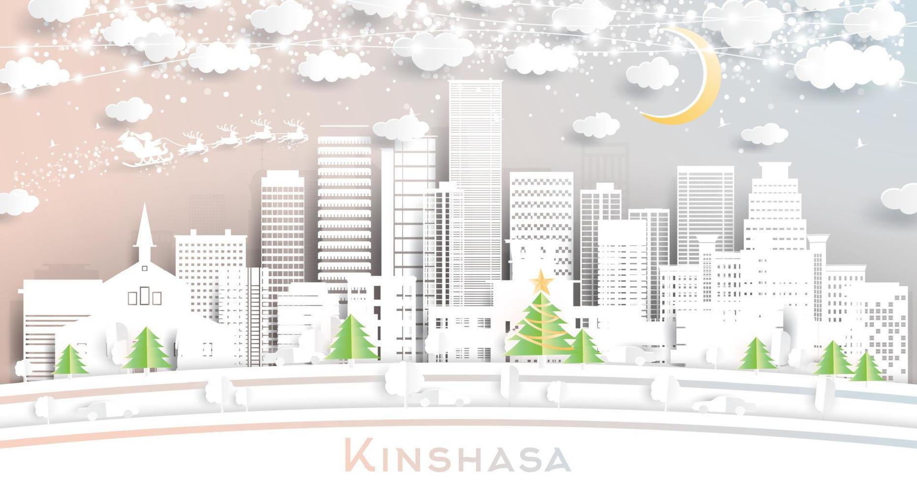 horizonte de la ciudad de kinshasa congo en estilo de corte de papel con copos de nieve, luna y guirnalda de neón. vector