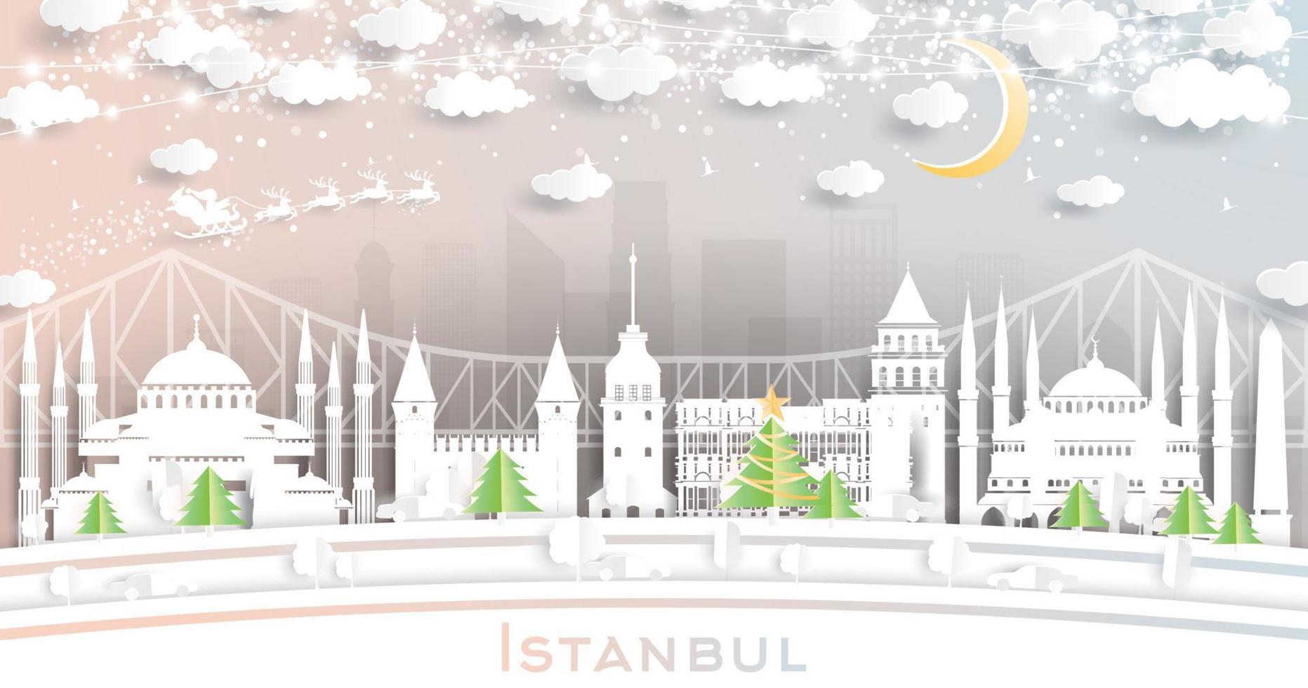 Istanbul Turkey City Skyline in Paper Cut Style with Snowflakes, Moon and Neon Garland. vector