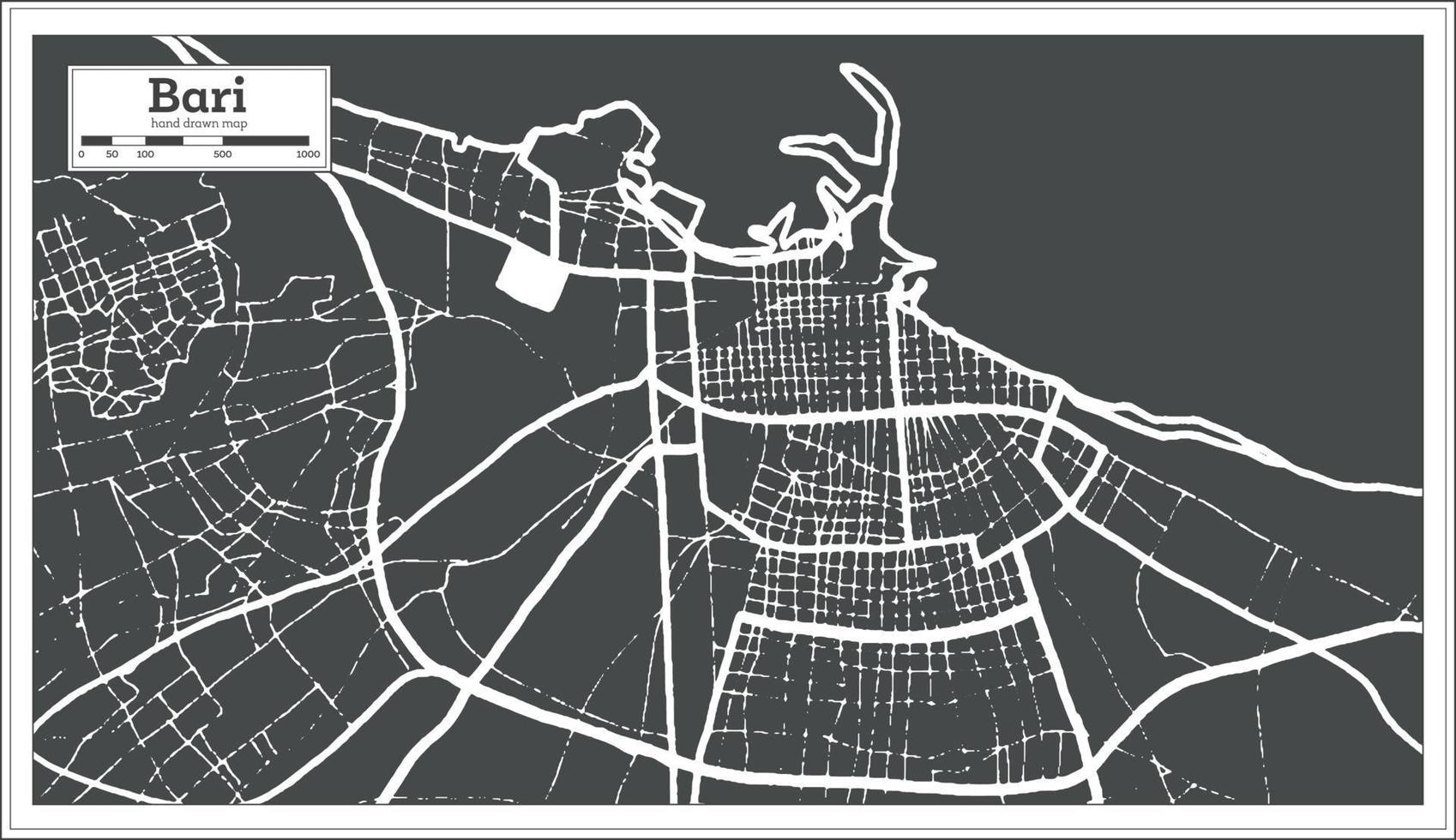 mapa de la ciudad de bari italia en color blanco y negro en estilo retro. esquema del mapa. vector