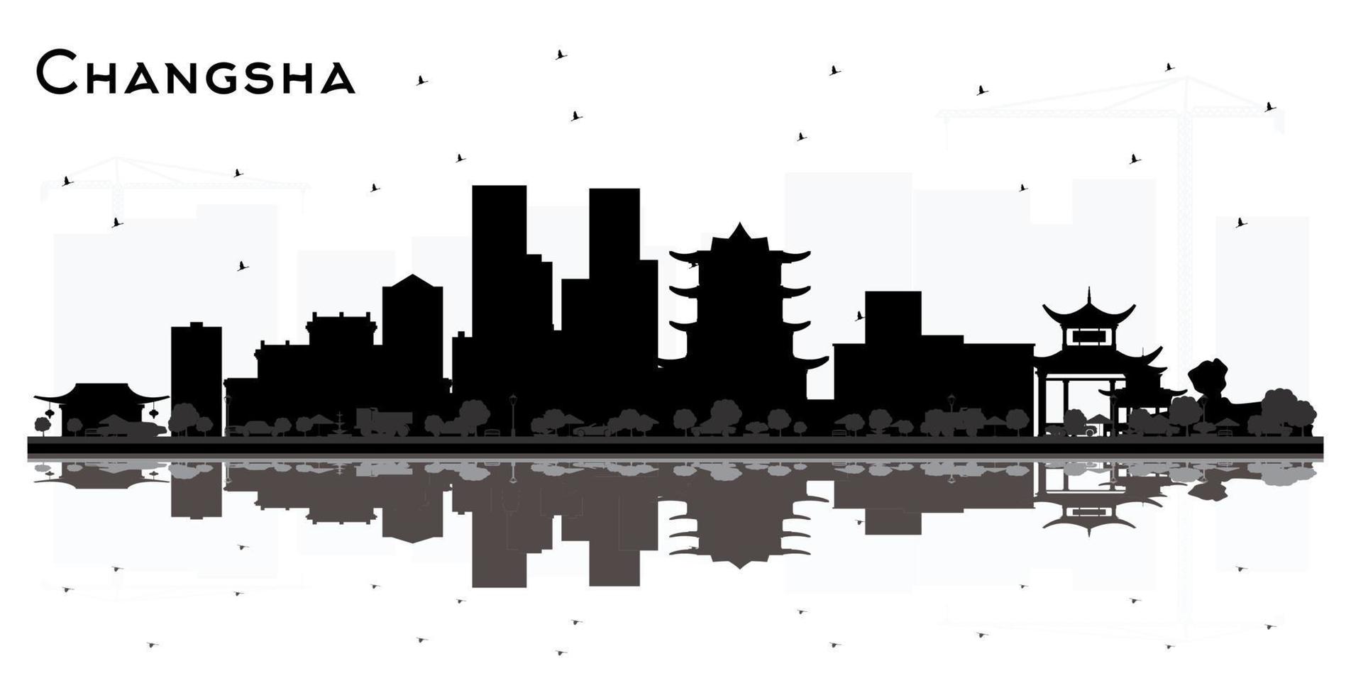 silueta del horizonte de la ciudad de changsha china con edificios negros y reflejos aislados en blanco. vector