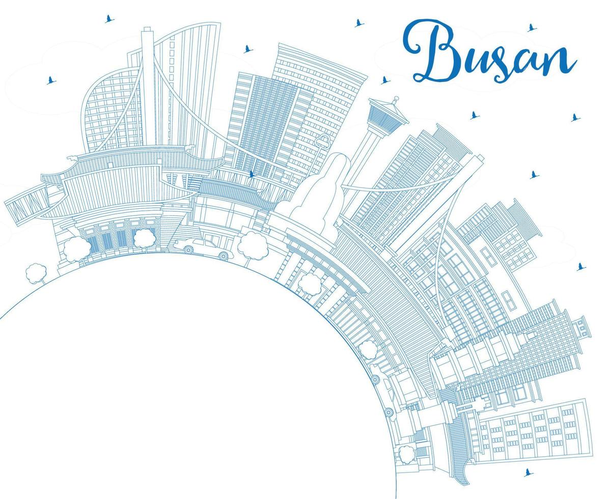 esbozar el horizonte de la ciudad de busan, corea del sur, con edificios azules y espacio para copiar. vector