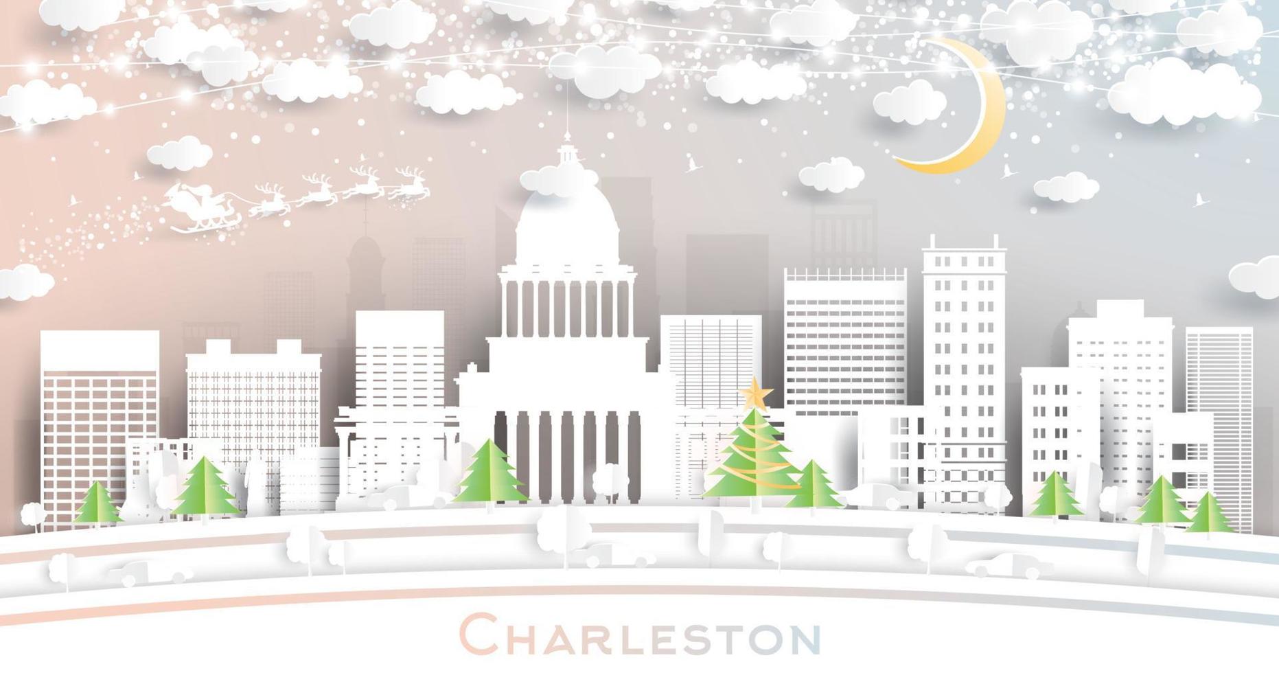 horizonte de la ciudad de charleston west virginia usa en estilo de corte de papel con copos de nieve, luna y guirnalda de neón. vector