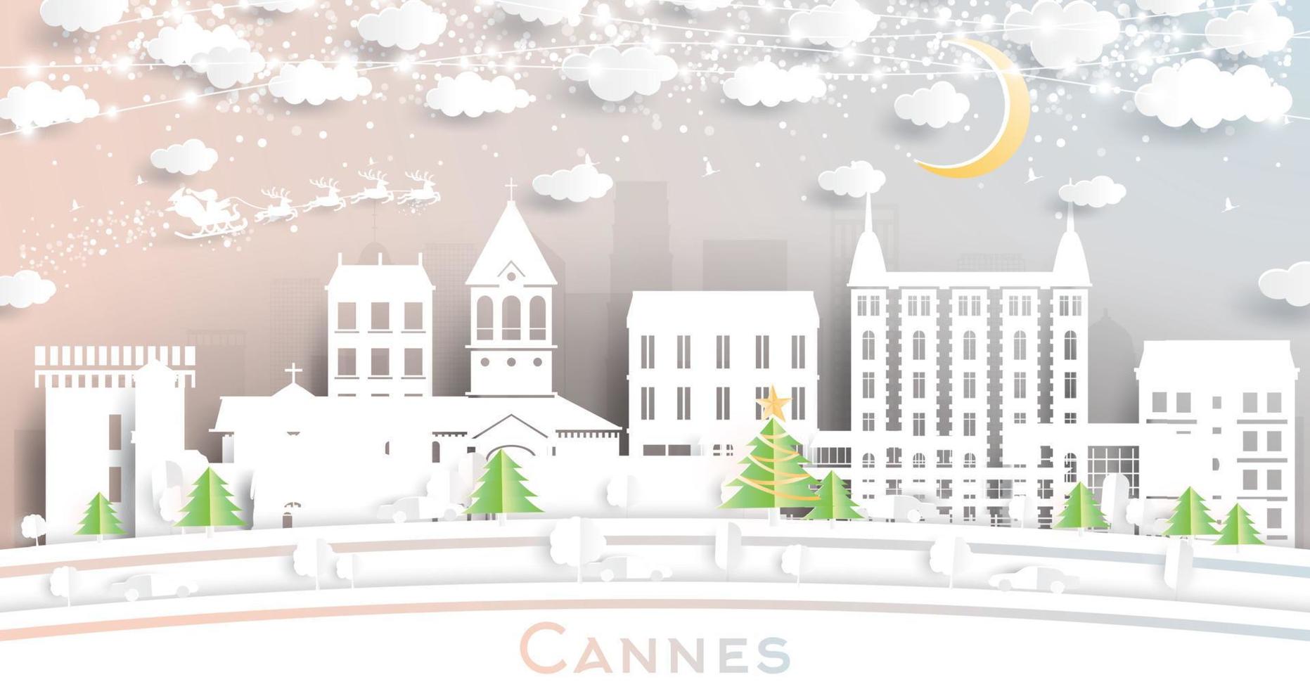 horizonte de la ciudad de cannes francia en estilo de corte de papel con copos de nieve, luna y guirnalda de neón. vector