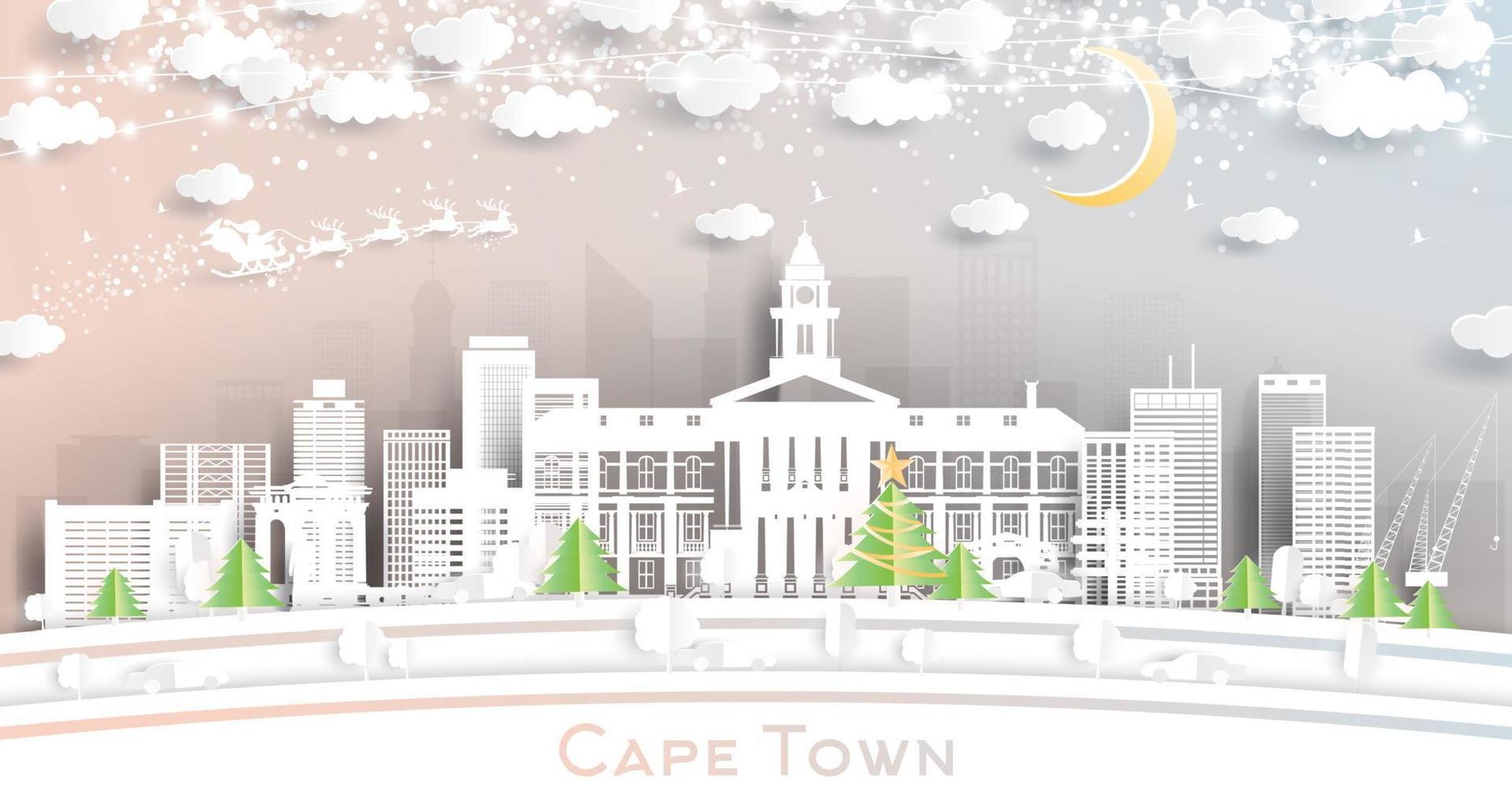 Cape Town South Africa City Skyline in Paper Cut Style with Snowflakes, Moon and Neon Garland. vector