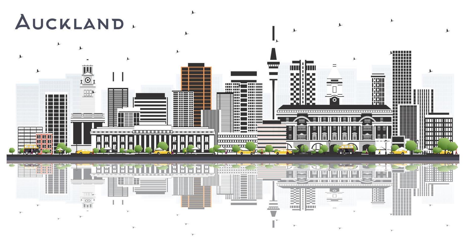 horizonte de la ciudad de auckland nueva zelanda con edificios grises y reflejos aislados en blanco. vector