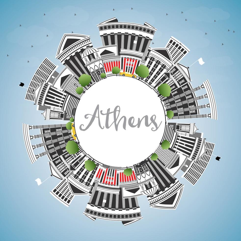 horizonte de la ciudad de atenas grecia con edificios de color, cielo azul y espacio de copia. vector