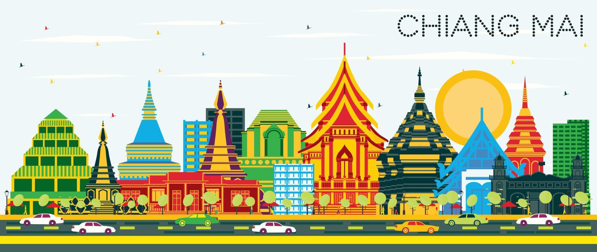 Chiang Mai Thailand City Skyline with Color Buildings and Blue Sky. vector
