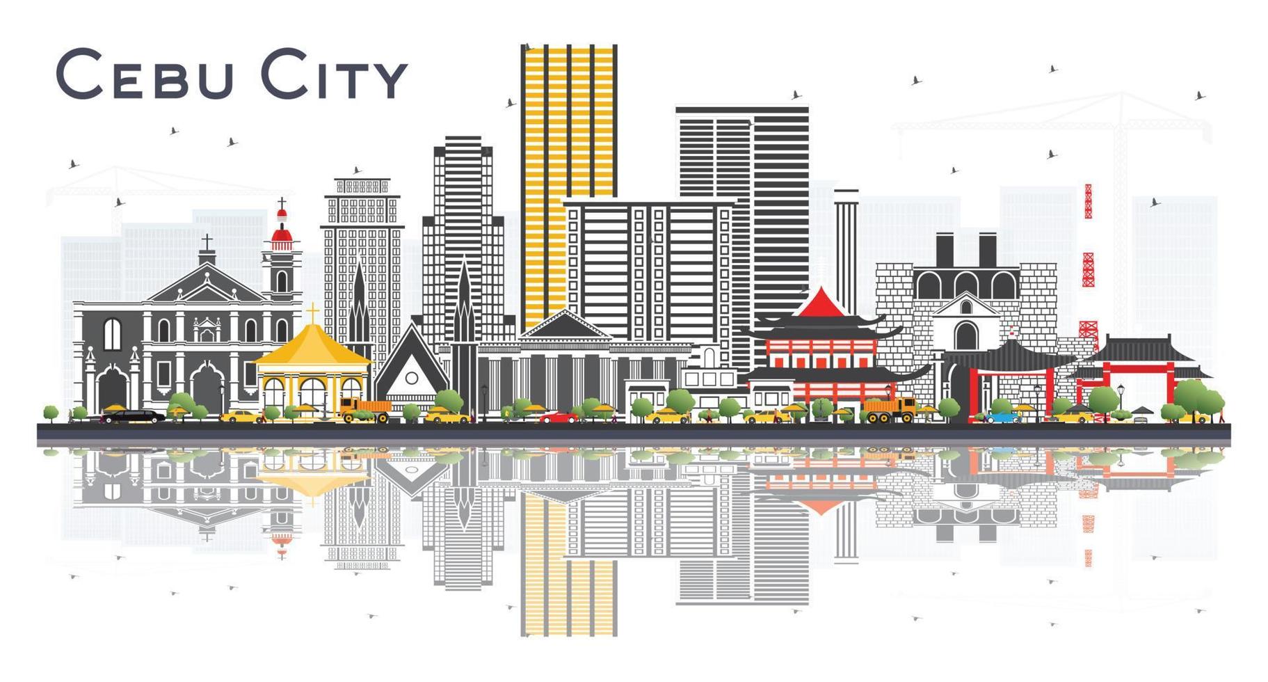 el horizonte de la ciudad de cebú, filipinas, con edificios grises y reflejos aislados en blanco. vector