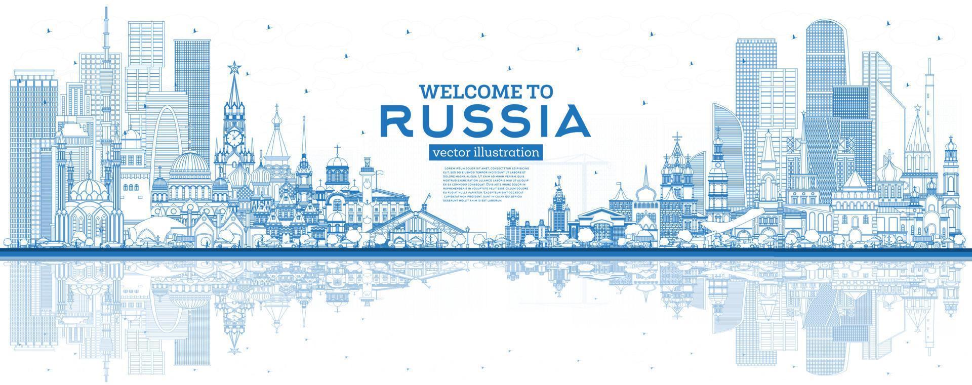 esquema bienvenido al horizonte de rusia con edificios azules. vector