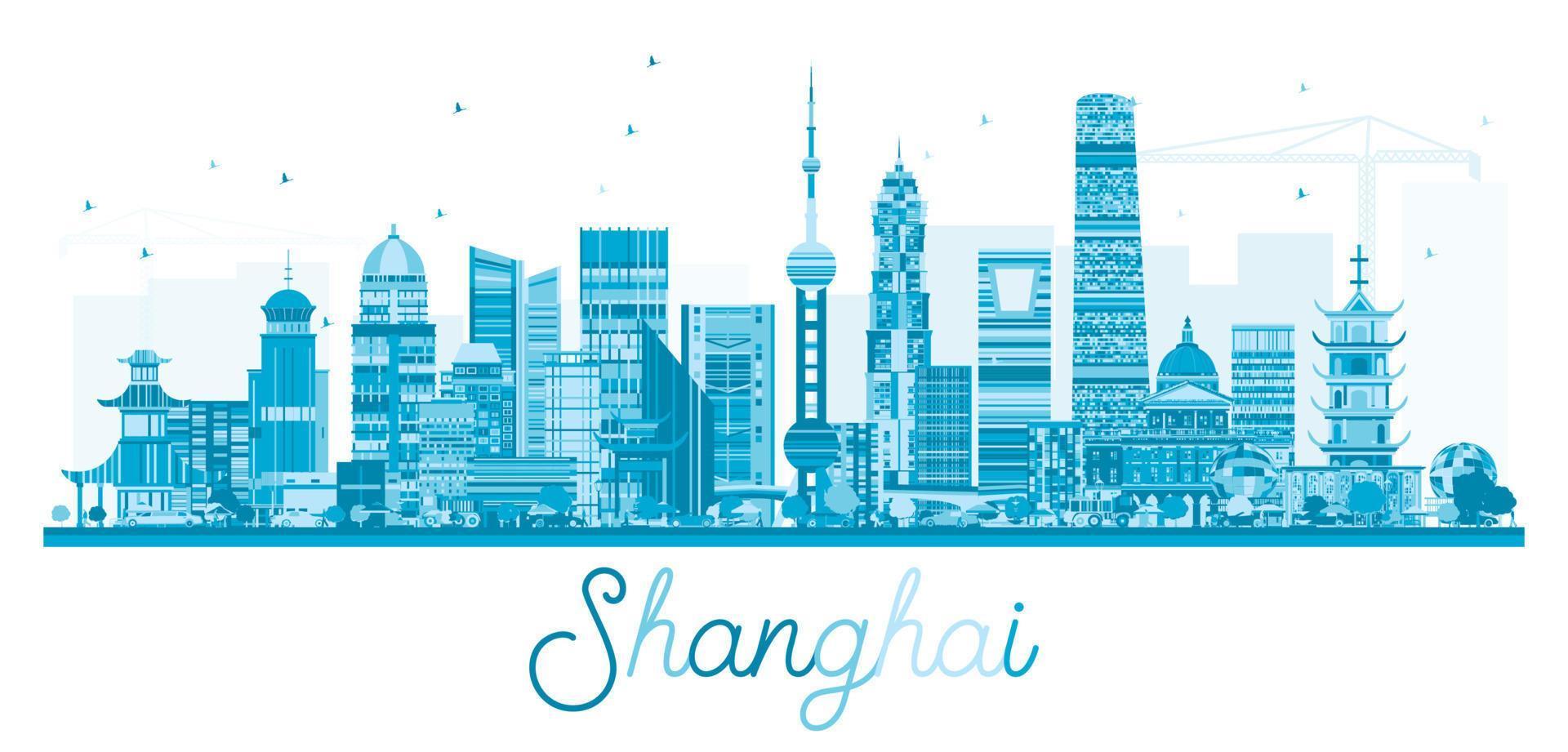 Shanghai China City Skyline with Blue Buildings Isolated on White. vector