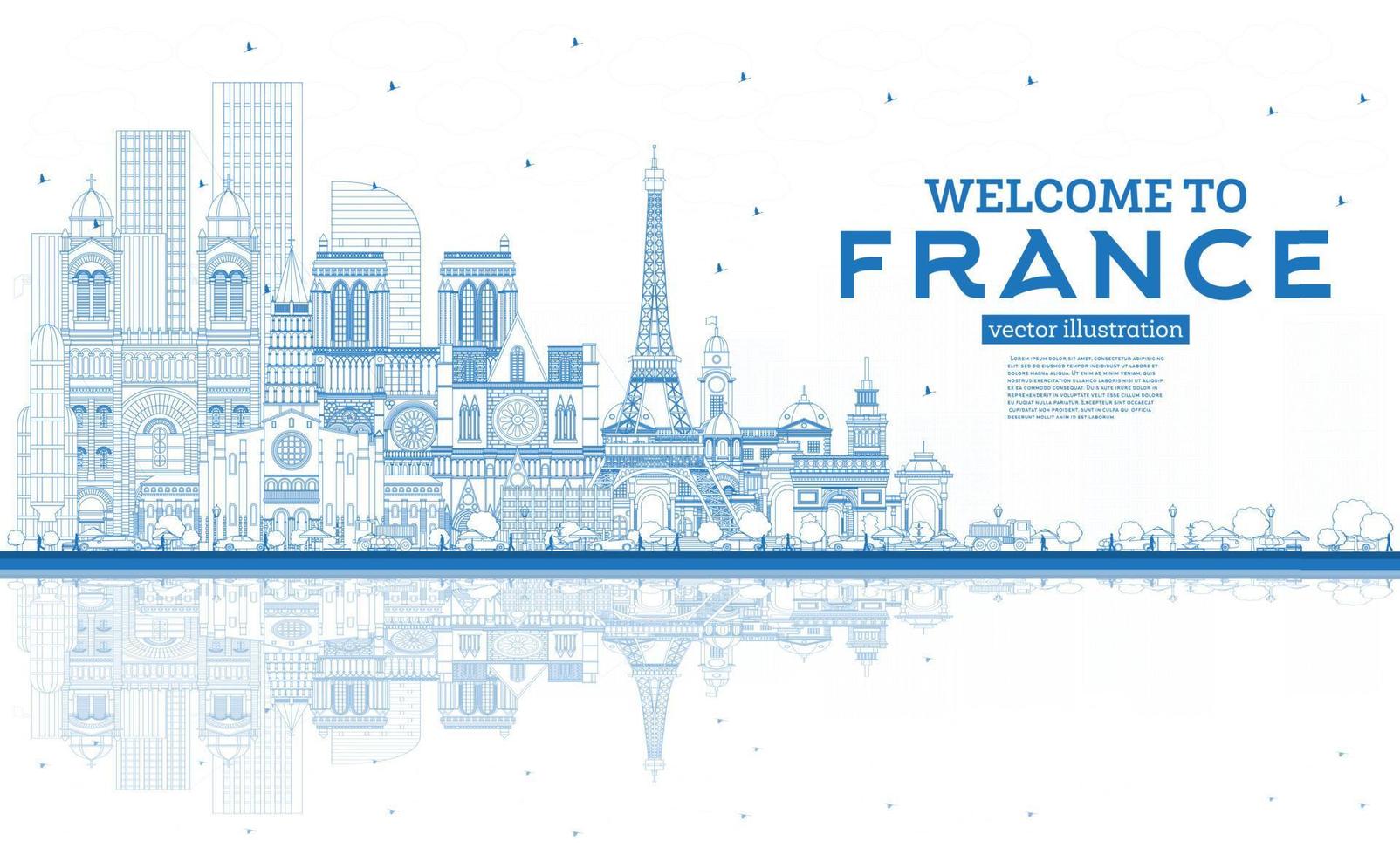 Outline Welcome to France Skyline with Blue Buildings. vector