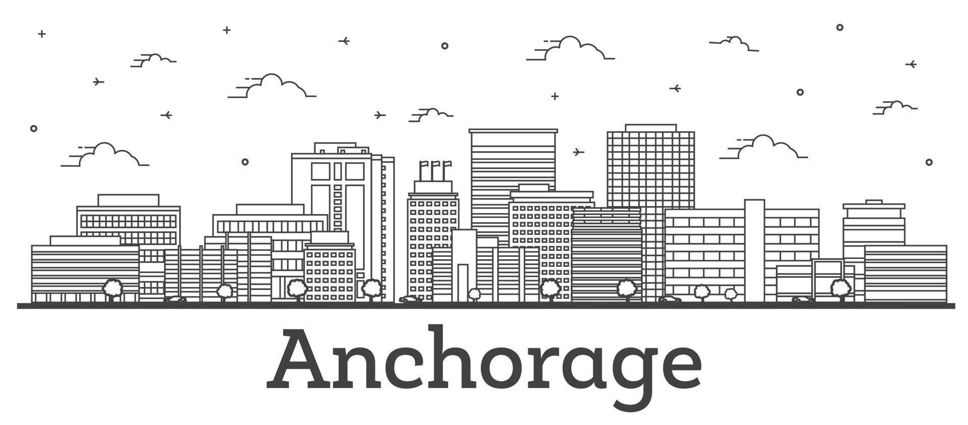 Outline Anchorage Alaska City Skyline with Modern Buildings Isolated on White. vector