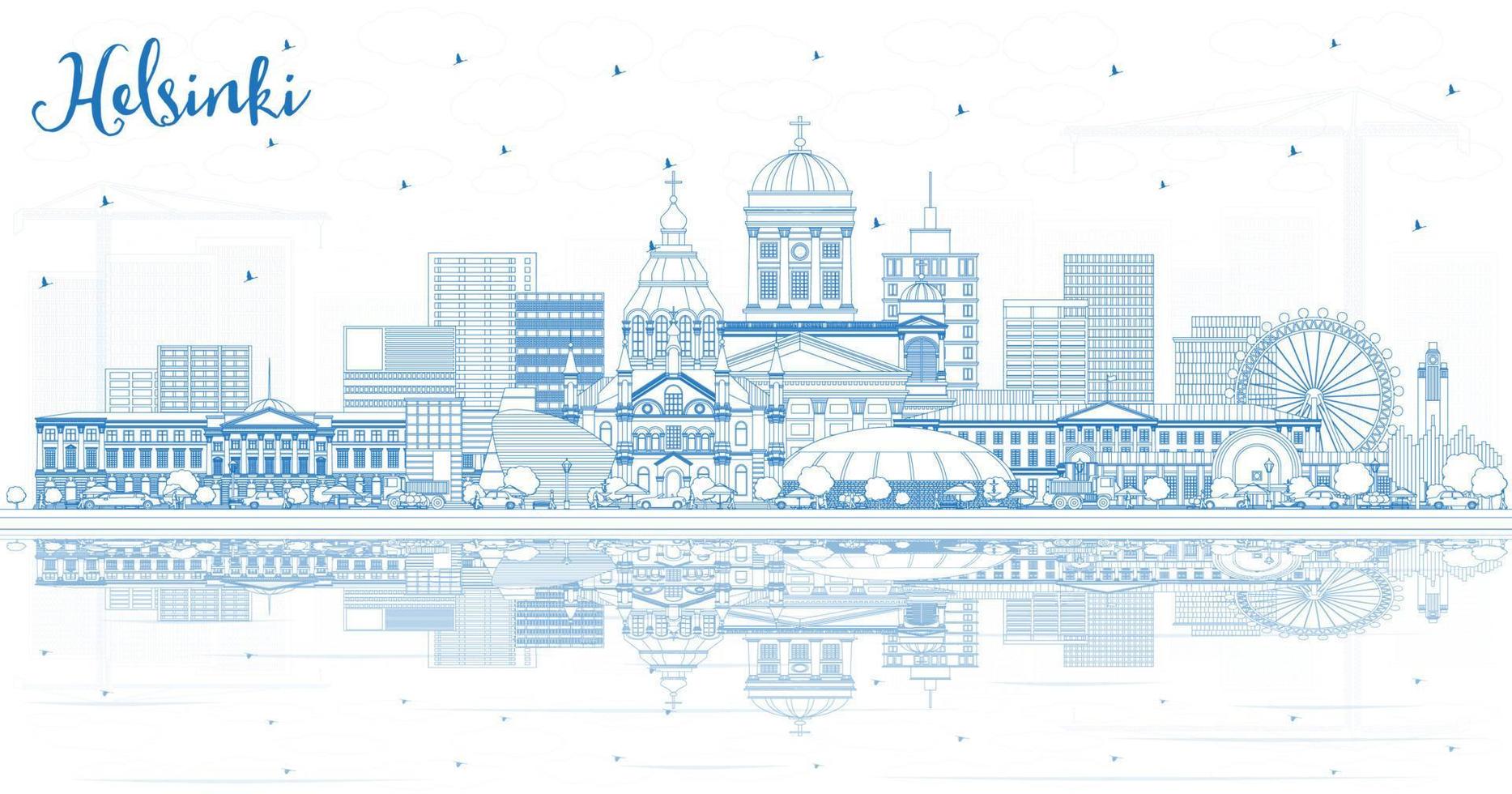Outline Helsinki Finland City Skyline with Blue Buildings and Reflections. vector