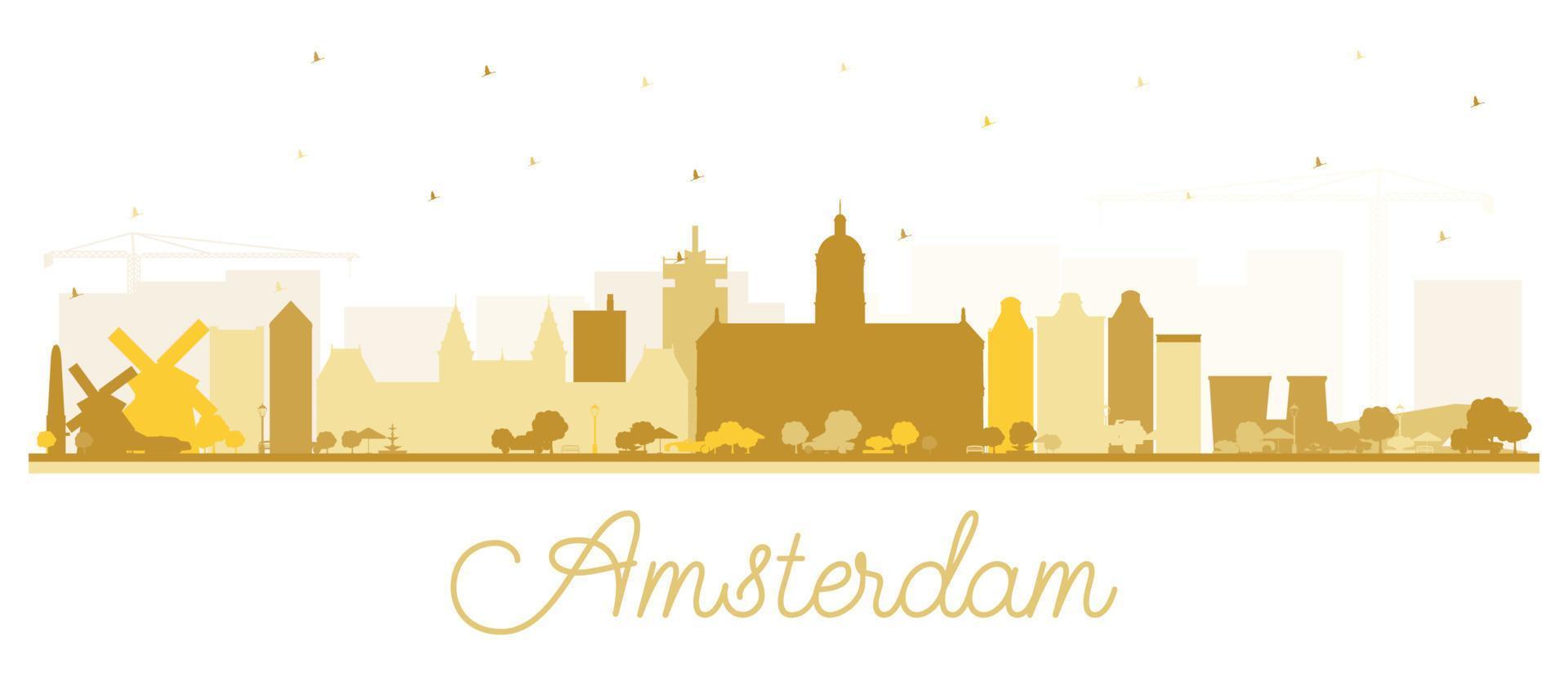 silueta del horizonte de la ciudad de amsterdam holanda con edificios dorados aislados en blanco. vector