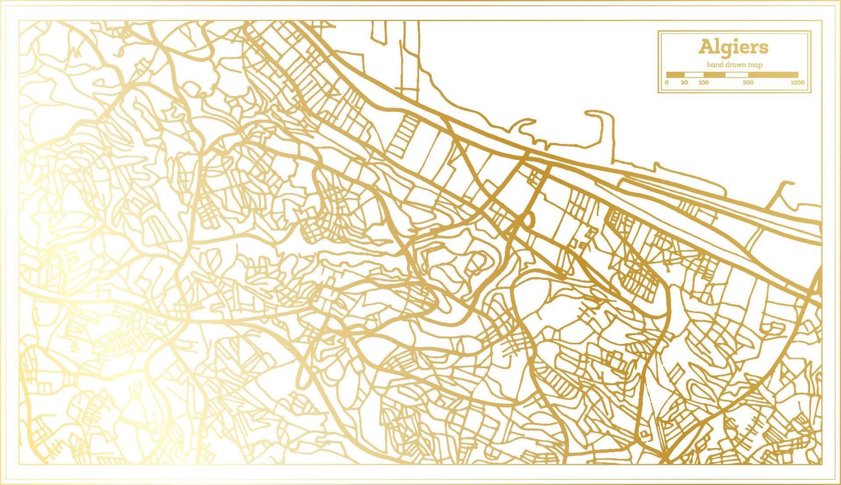 mapa de la ciudad de argel argelia en estilo retro en color dorado. esquema del mapa. vector