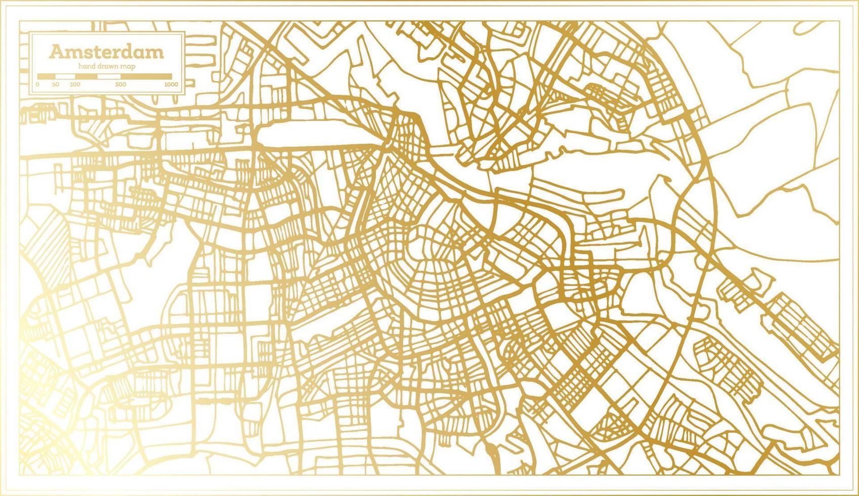 Amsterdam Holland City Map in Retro Style in Golden Color. Outline Map. vector
