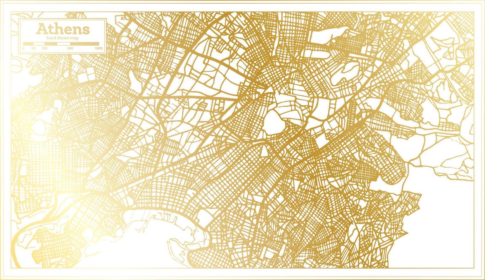 mapa de la ciudad de atenas grecia en estilo retro en color dorado. esquema del mapa. vector