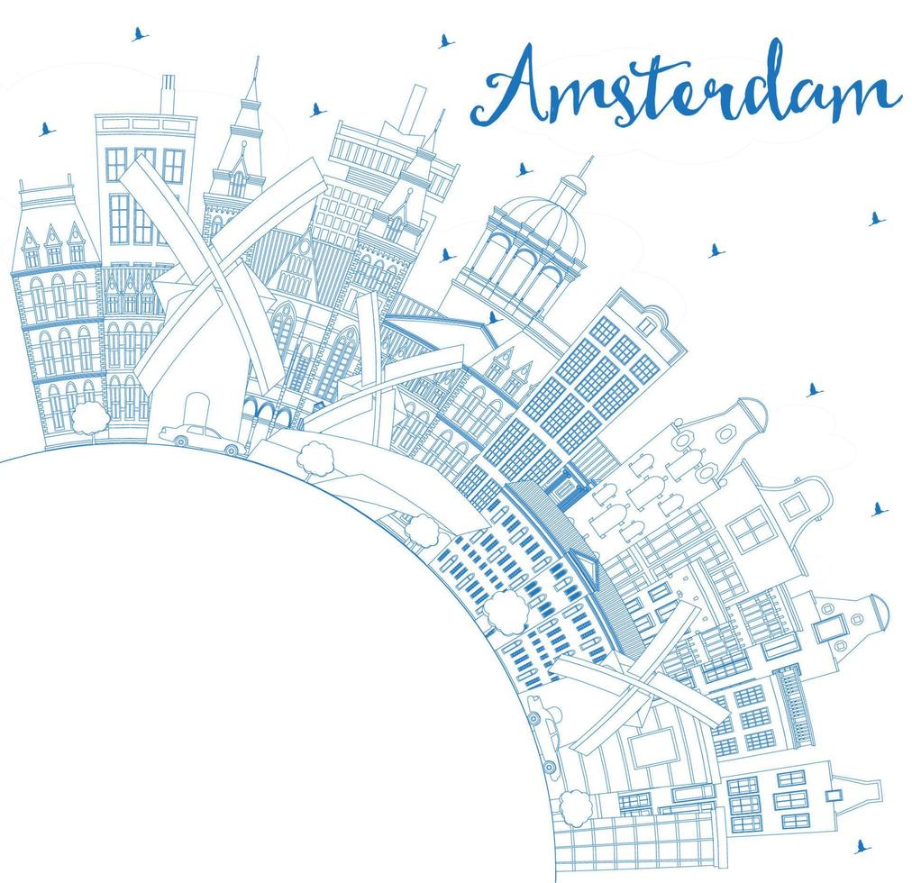 Outline Amsterdam Holland City Skyline with Blue Buildings and Copy Space. vector