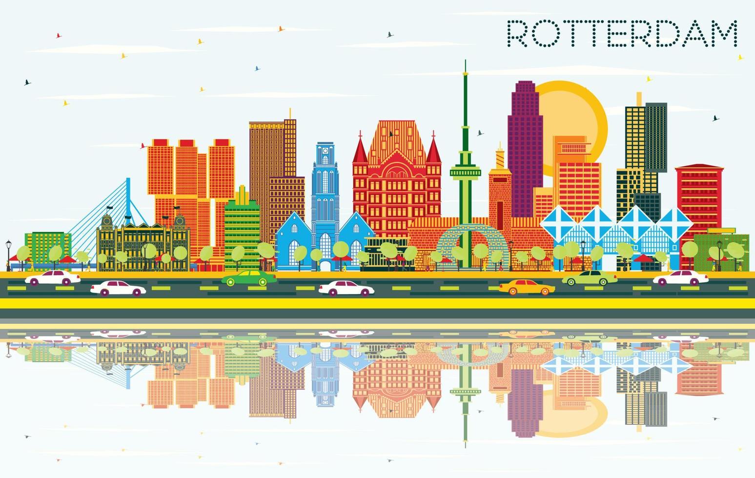 horizonte de la ciudad de rotterdam países bajos con edificios de color, cielo azul y reflejos. vector