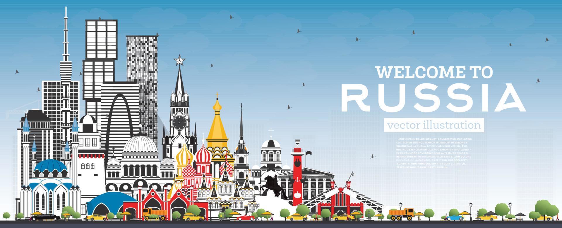 Welcome to Russia Skyline with Gray Buildings and Blue Sky. vector