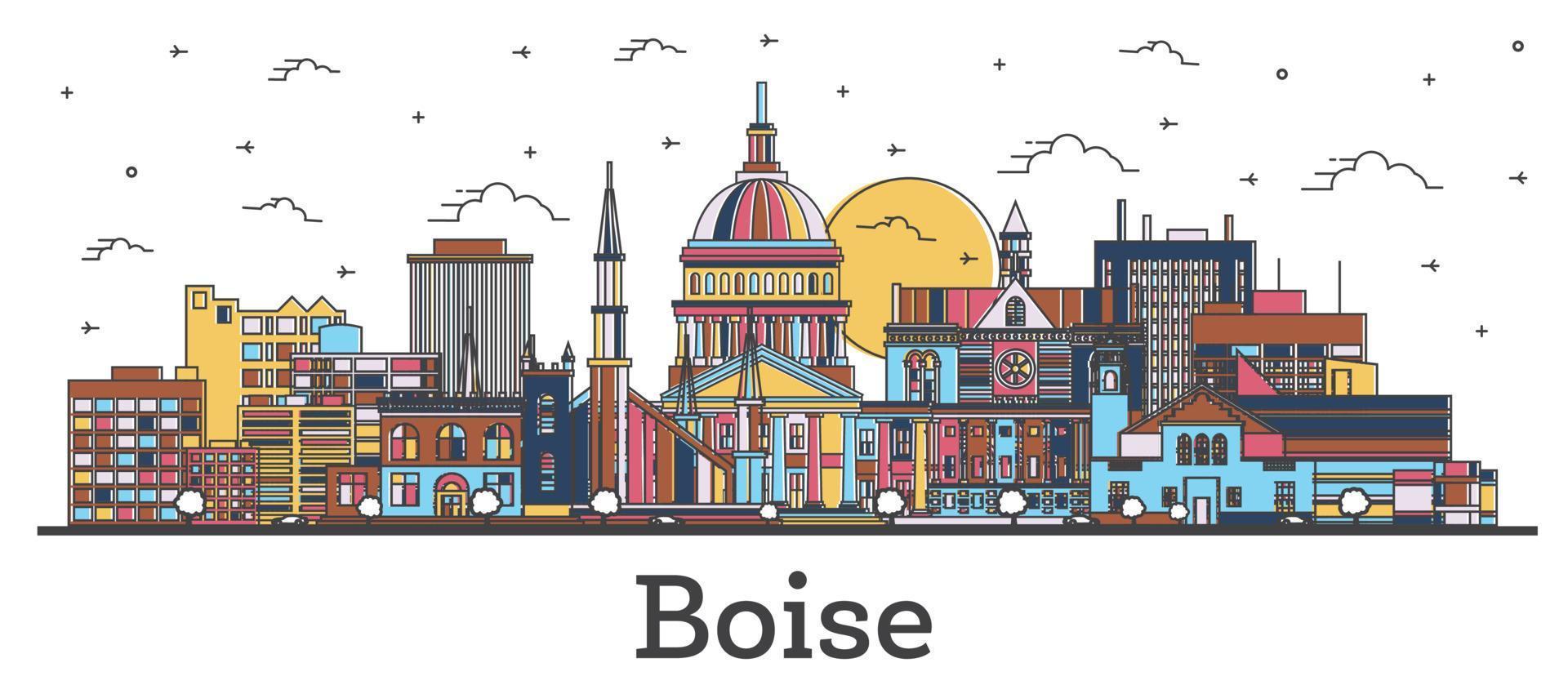 delinear el horizonte de la ciudad de boise idaho con edificios de color aislados en blanco. vector