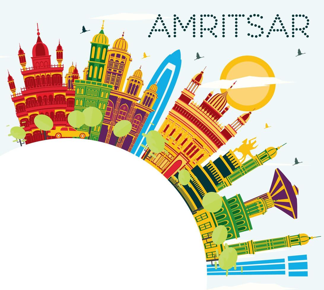 Amritsar India City Skyline with Color Buildings, Blue Sky and Copy Space. vector