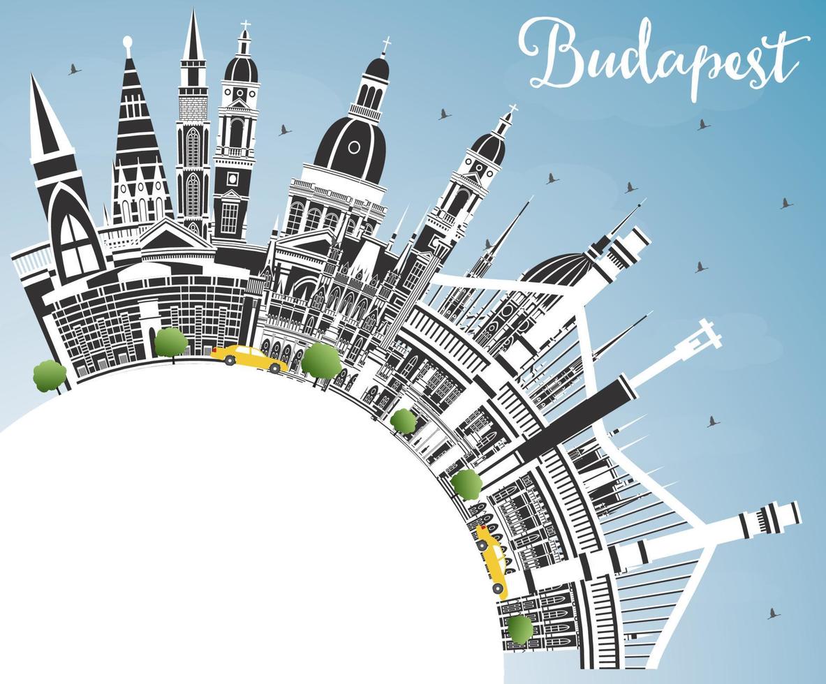 el horizonte de la ciudad de budapest, hungría, con edificios grises, cielo azul y espacio para copiar. vector