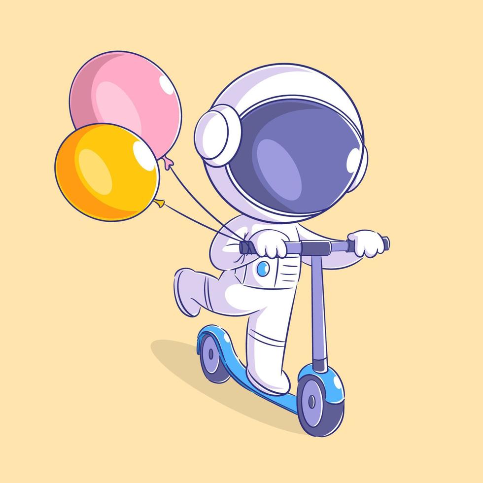 Astronauts playing on scooters and carrying balloons vector