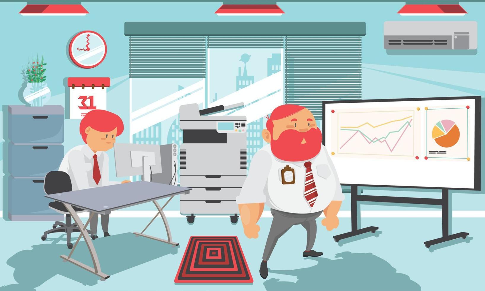 linda ilustración del entorno de trabajo que consiste en figuras de jefes y empleados y también equipo de oficina vector