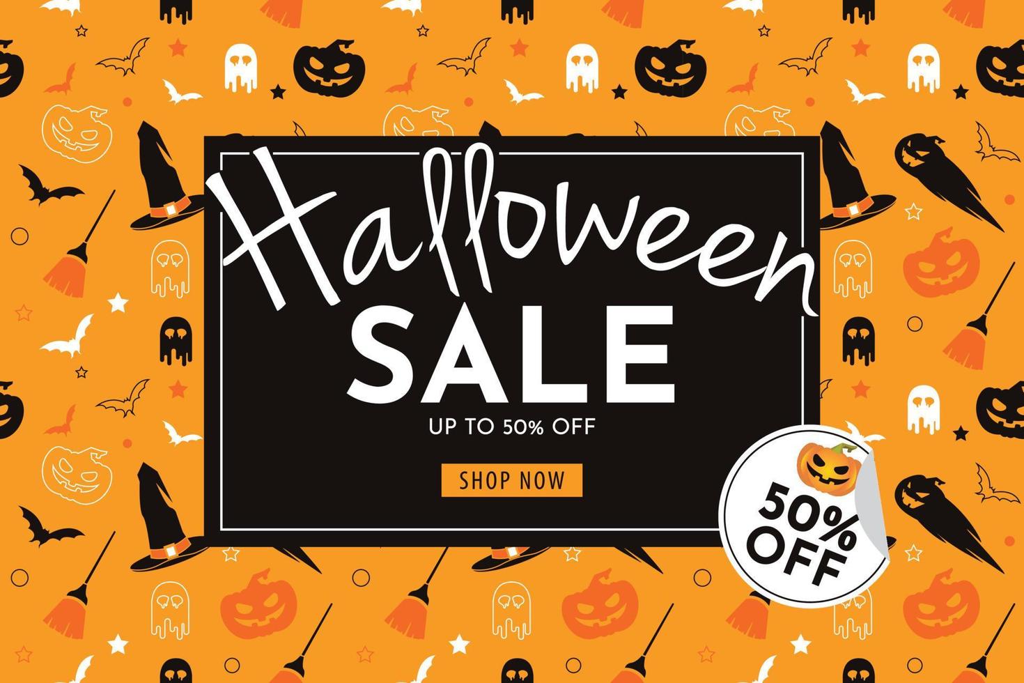 Halloween Sale with pumpkin, witch hat, broom, ghost, and bat. seamless banner and background   vector illustration