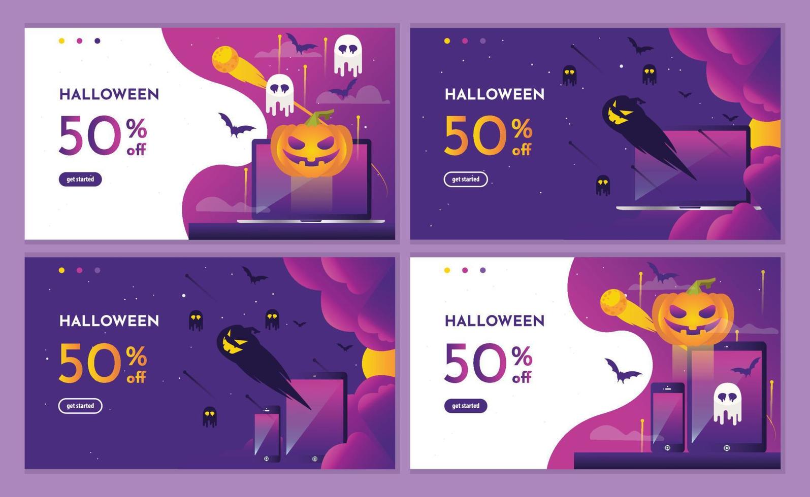Purple halloween night event party with pumpkin invitation. landing page website, background and banner design template. vector
