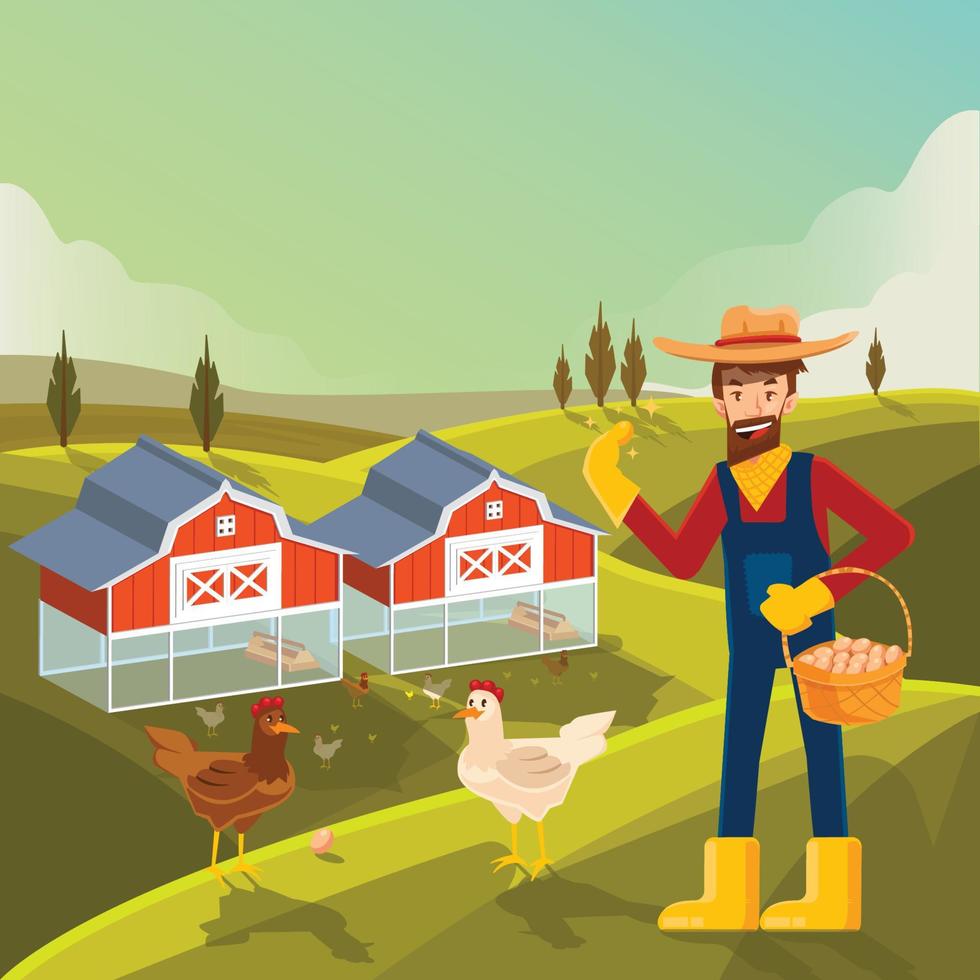 Eco man farmer holding golden eggs with hen near field with barns and hay near countryside theme vector