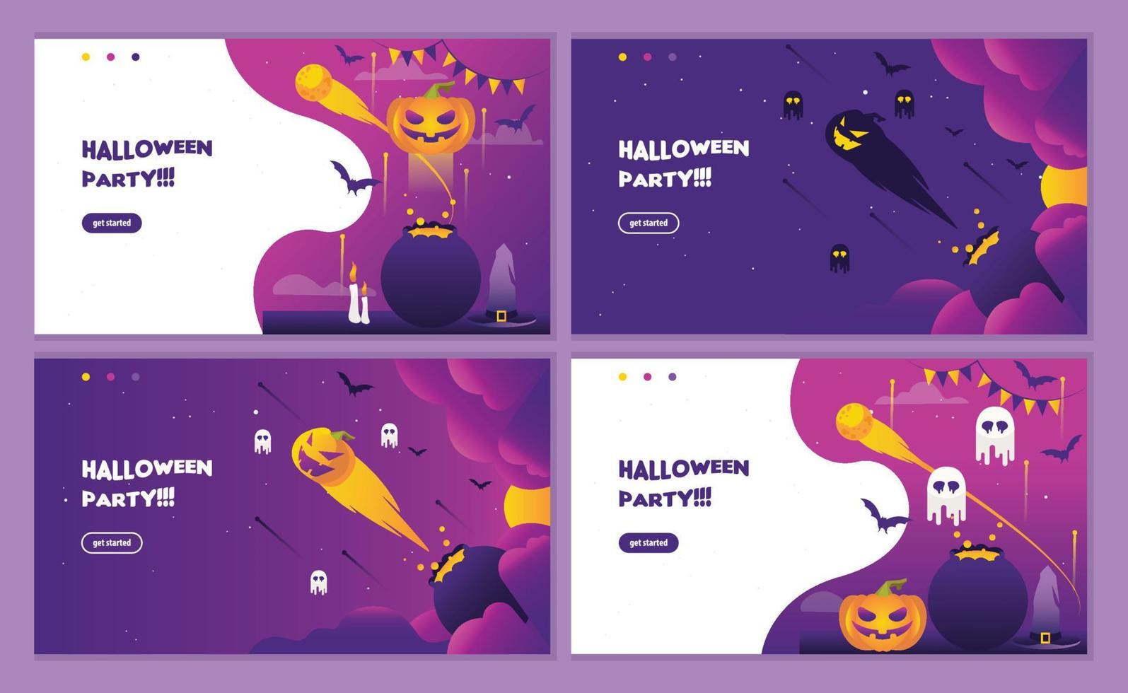 Purple halloween night event party with pumpkin invitation. landing page website, background and banner design template. vector