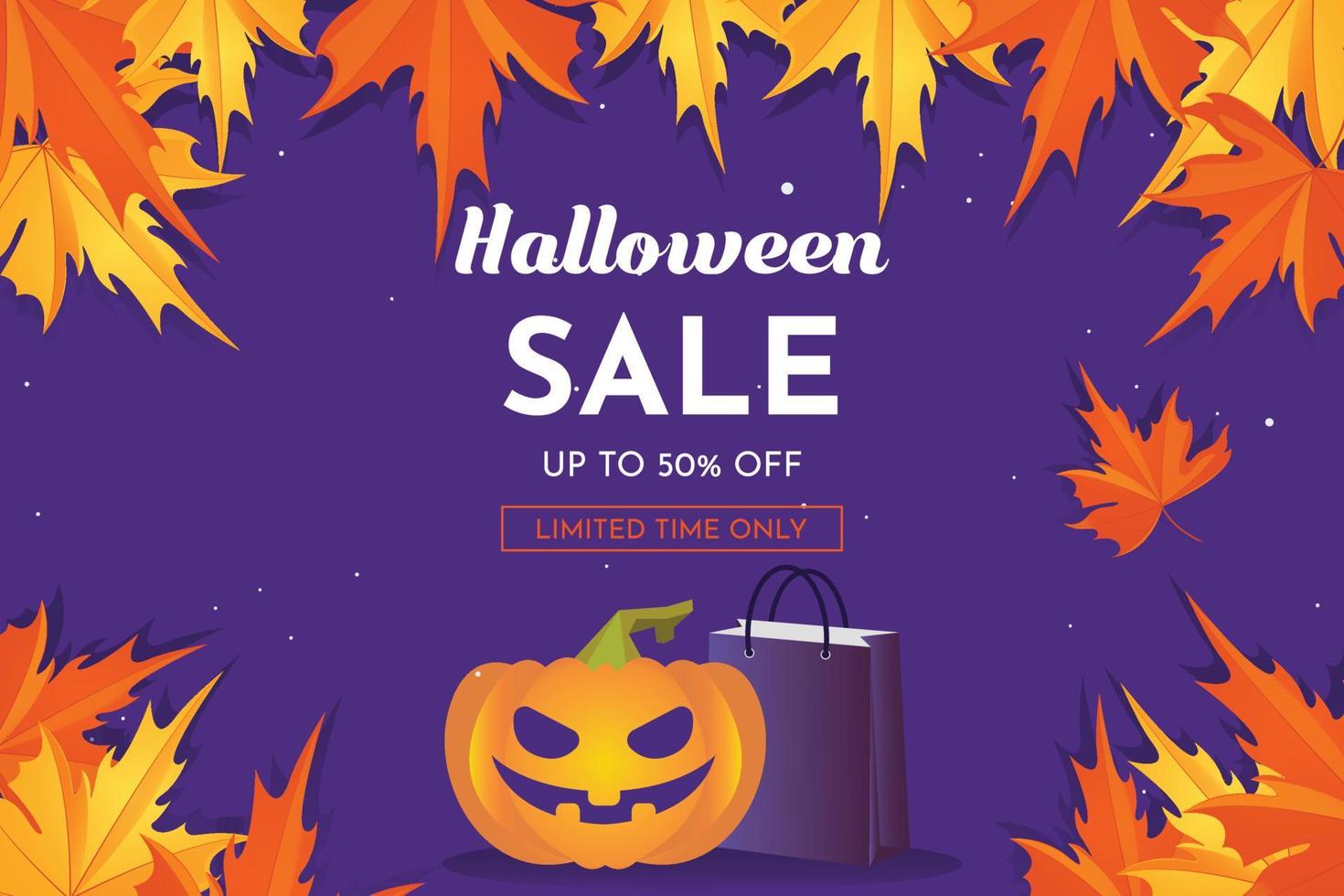 venta de halloween con calabaza y hojas de otoño. Ilustración de vector de banner y fondo