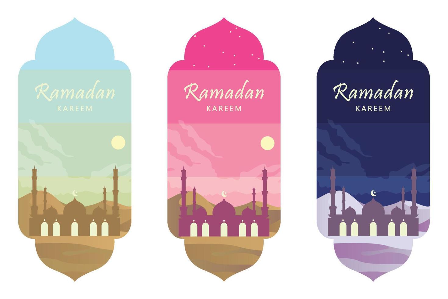 Ramadan Kareem Mosque at dusk, evening and night vector template. Islamic icon, poster, banner. - Vector