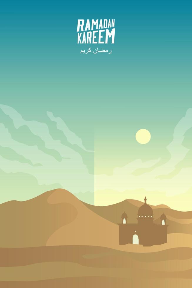 Minimalist desert panorama landscape with sand dunes and mosque on very hot sunny day summer concept. Scenery nature  background vector illustration