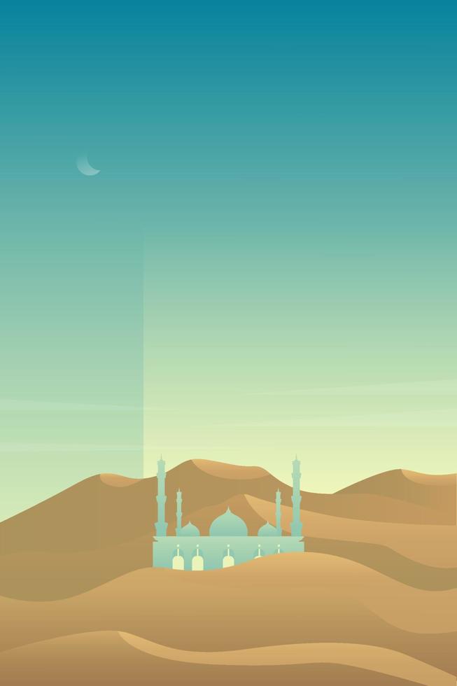 Minimalist desert panorama landscape with sand dunes and mosque on very hot sunny day summer concept. Scenery nature  background vector illustration