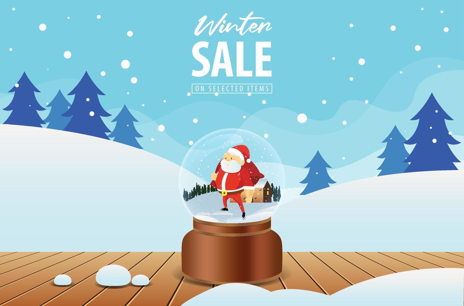 crystal ball with snowman, Santa Claus, and House in winter landscape. Vector Illustration