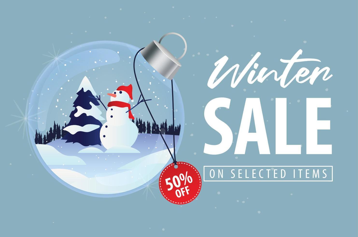 crystal ball with snowman, Santa Claus, and House in winter landscape. Vector Illustration