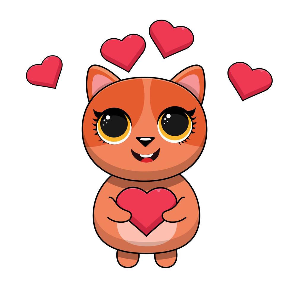 Lindo gato con ilustración de icono de vector de dibujos animados de corazón de amor. concepto de icono de naturaleza animal vector premium aislado. estilo de dibujos animados plana